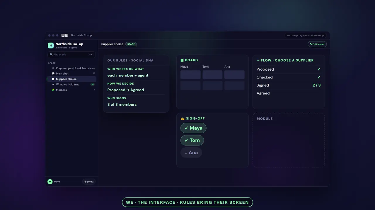 A group's space in the app: its rules, a board and a sign-off panel side by side.